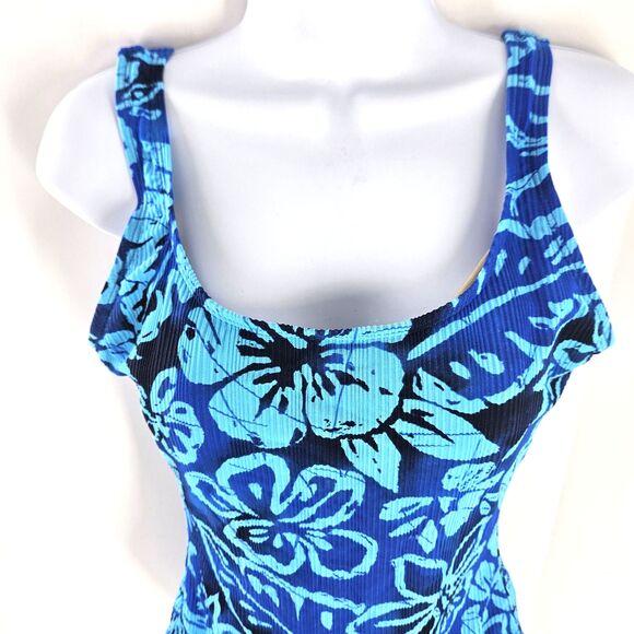Vintage 90s/ Y2K Catalina Swimsuit Plus Size 1XL(16W) 1pc Blue Floral Ribbed - Picture 2 of 13